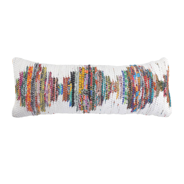 White and Multicolored Chindi Geometric Throw Pillow With Insert