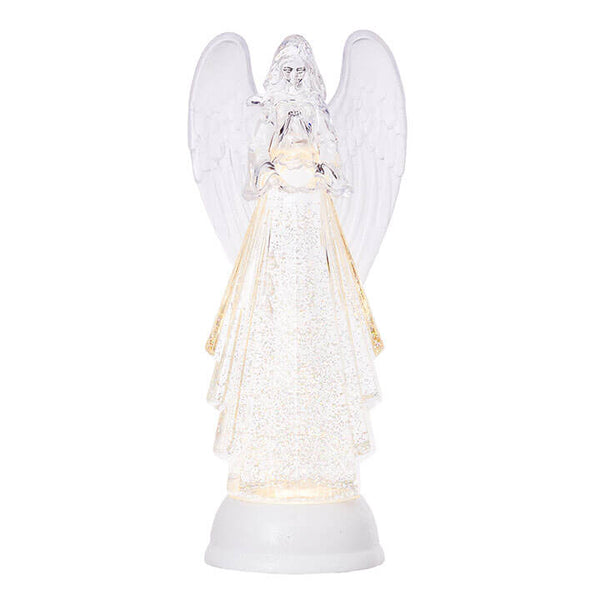 LIGHTED ANGEL WITH SILVER SWIRLING GLITTER 13"
