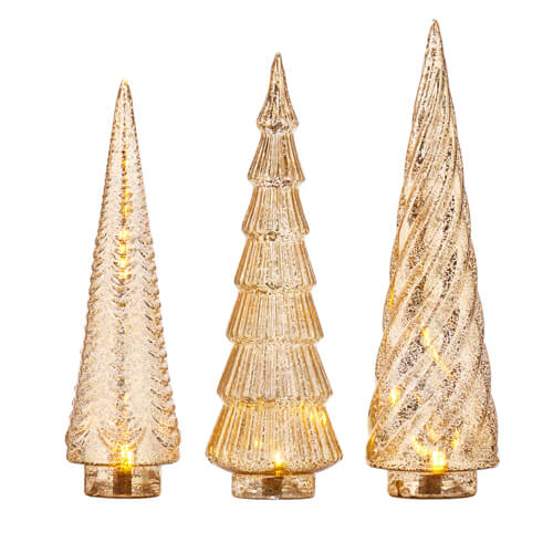 GOLD MERCURY GLASS LIGHTED TREES 14.25"