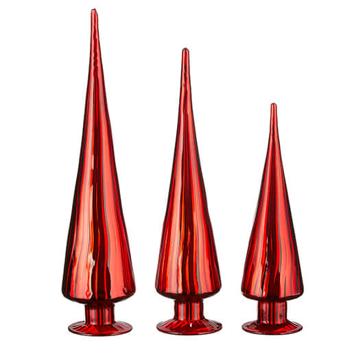 RED RIBBED MERCURY GLASS TREES 17.75"