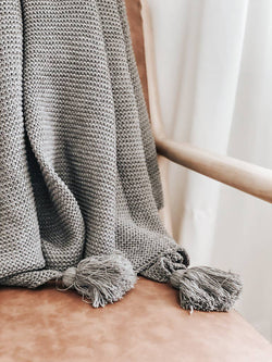 Knit Throw Blanket With Tassels Gray