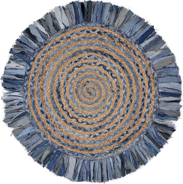 Denim and Natural Jute Round Swirl Fringed Rug - Denim Blue